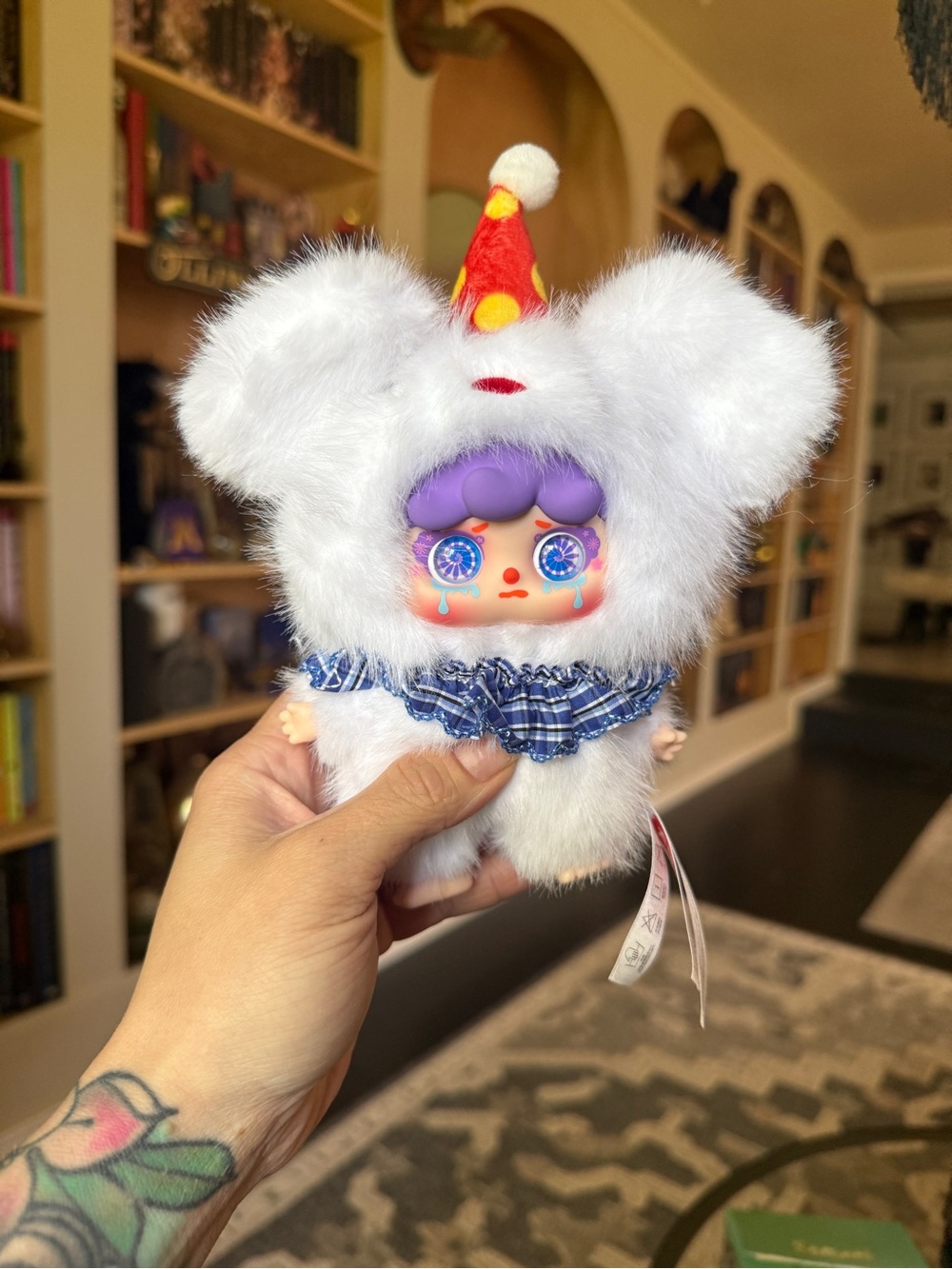 NIB Migo grotesque circus puppy White Furry Party Doll Plush with Purple Hair